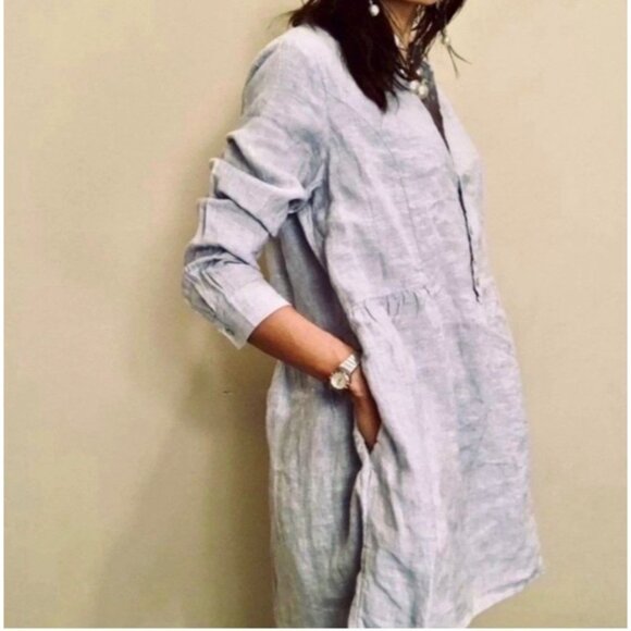 Halston Linen Shirtdress Shell Buttons Pockets Chambray Blue 100% Linen Size S - Picture 1 of 15